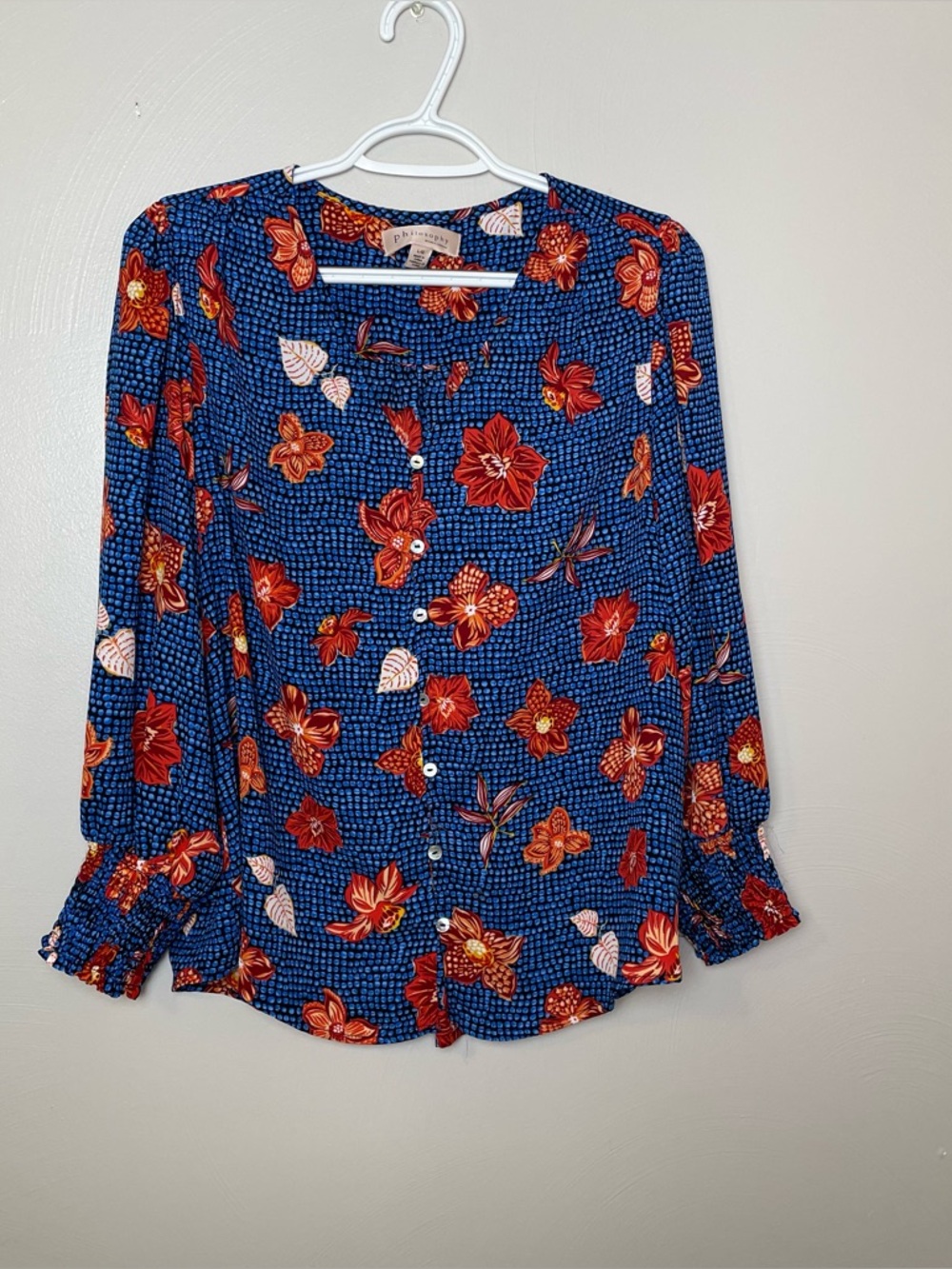 Philosophy Long Sleeve Blue Floral Blouse Size Large